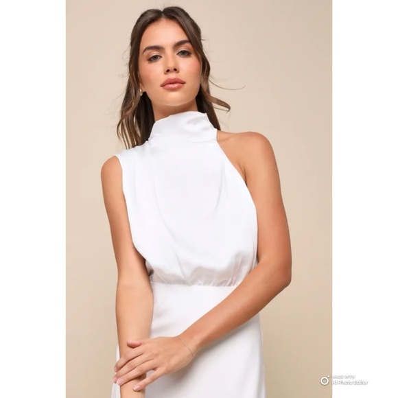 Lulus Distinctive Charm White Satin Asymmetrical Midi Dress Size Large NWT - Picture 4 of 17